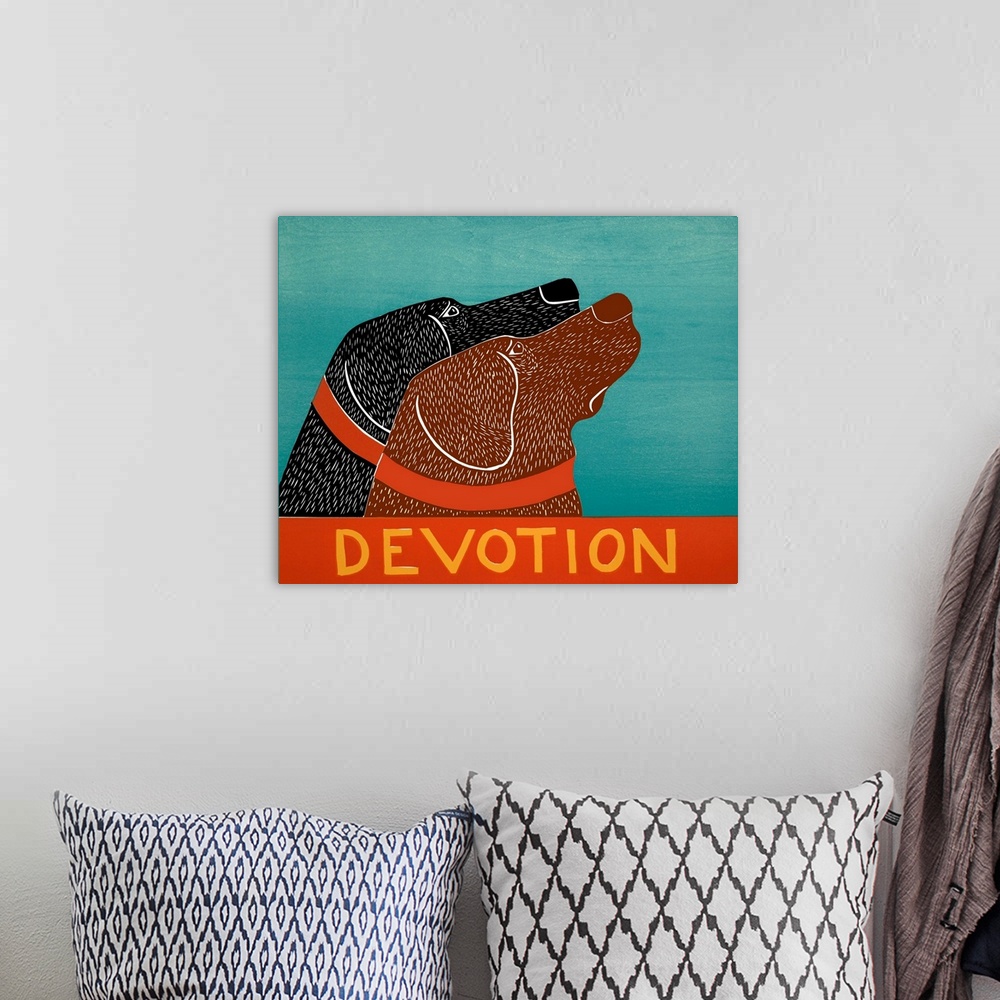 A bohemian room featuring Illustration of a chocolate and black lab starring at the same thing with the word "Devotion" wri...