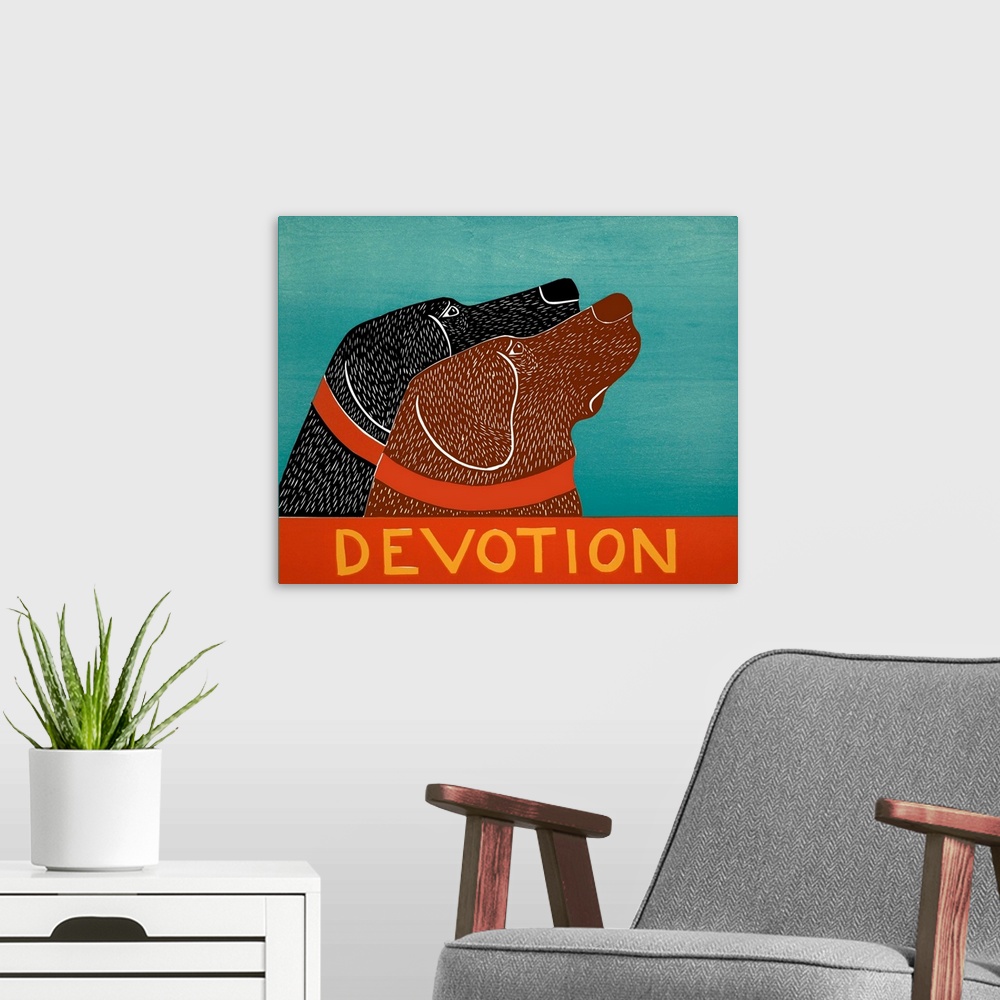 A modern room featuring Illustration of a chocolate and black lab starring at the same thing with the word "Devotion" wri...