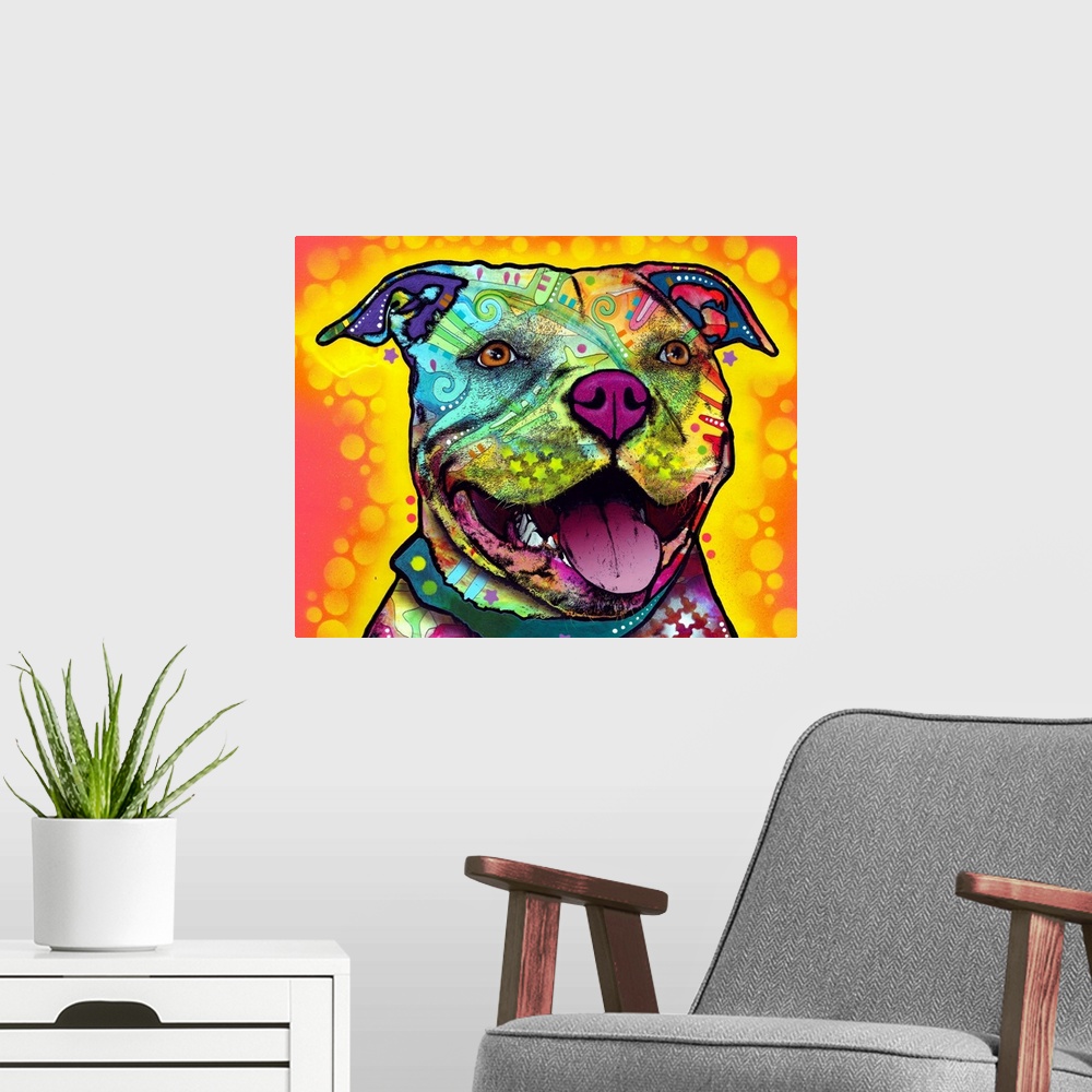 A modern room featuring Pit Bull, dog