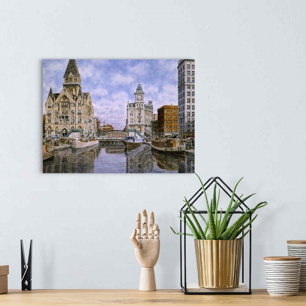 A bohemian room featuring Contemporary painting of a river cutting through a city.
