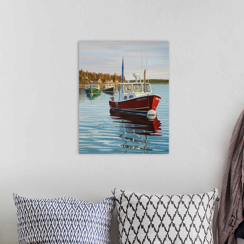 A bohemian room featuring Contemporary artwork of a red boat in a harbor