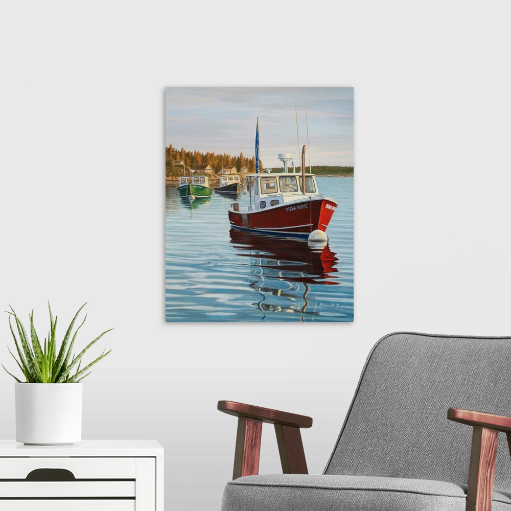 A modern room featuring Contemporary artwork of a red boat in a harbor