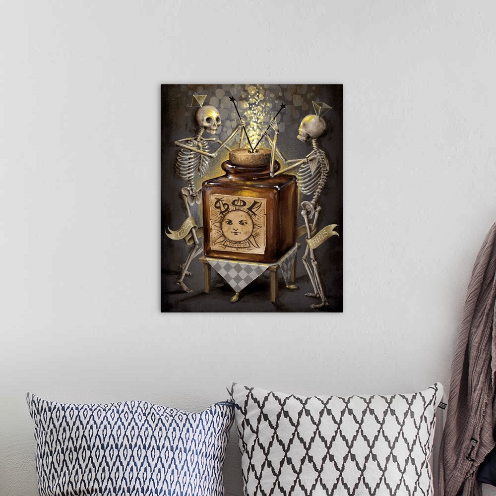 A bohemian room featuring Surrealist painting of two skeletons dancing around a giant corked glass bottle in the shape of a...