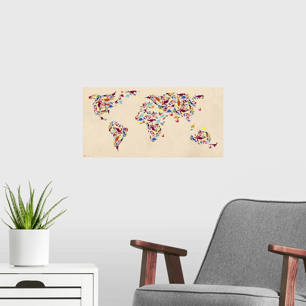 A modern room featuring World map comprised of different colored dinosaurs.