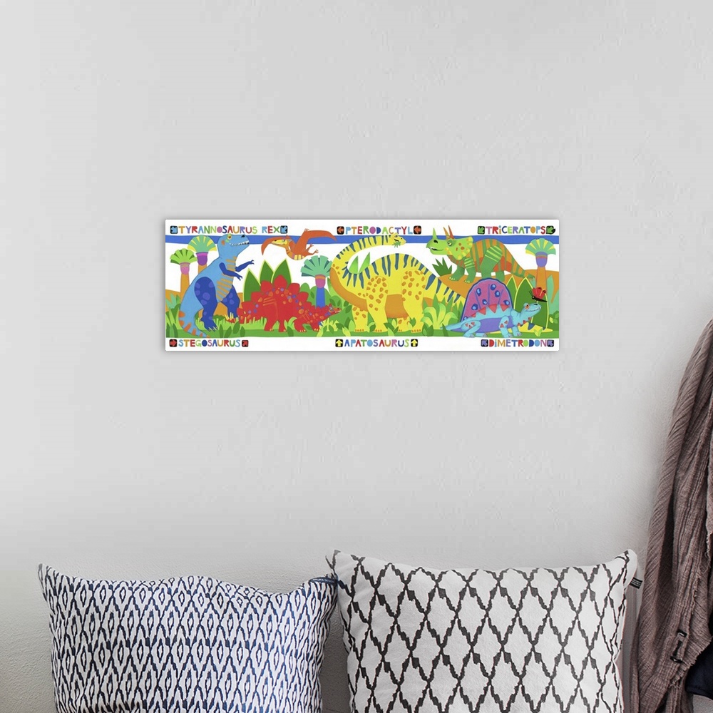 A bohemian room featuring Colorful illustration of several species of dinosaurs.