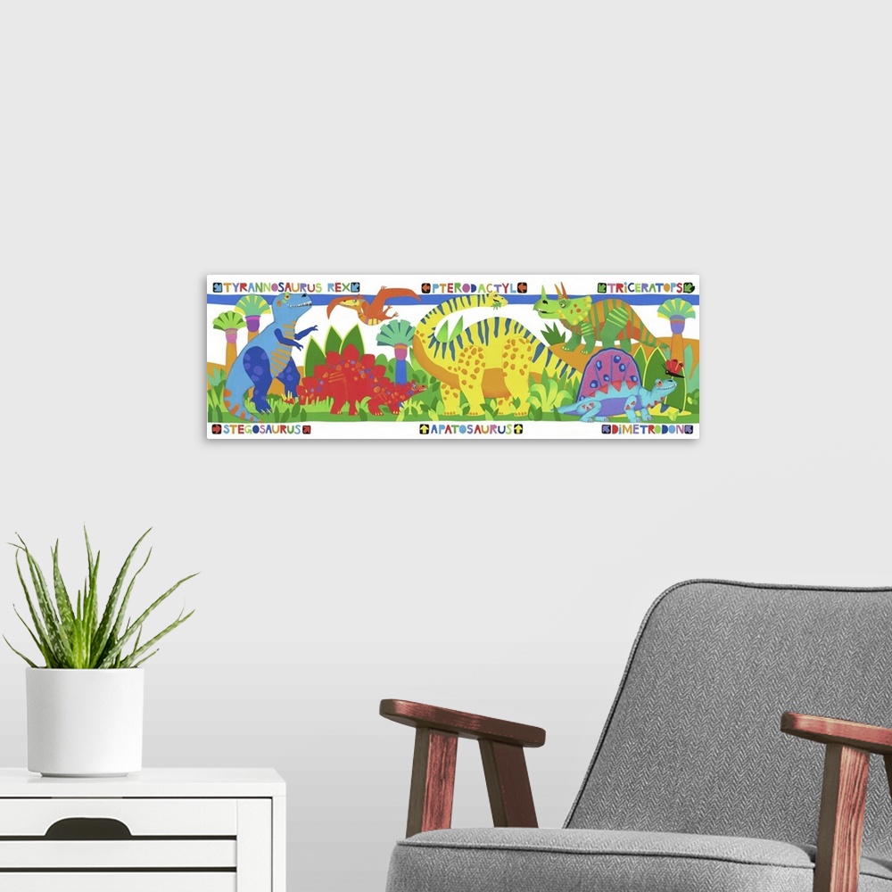 A modern room featuring Colorful illustration of several species of dinosaurs.