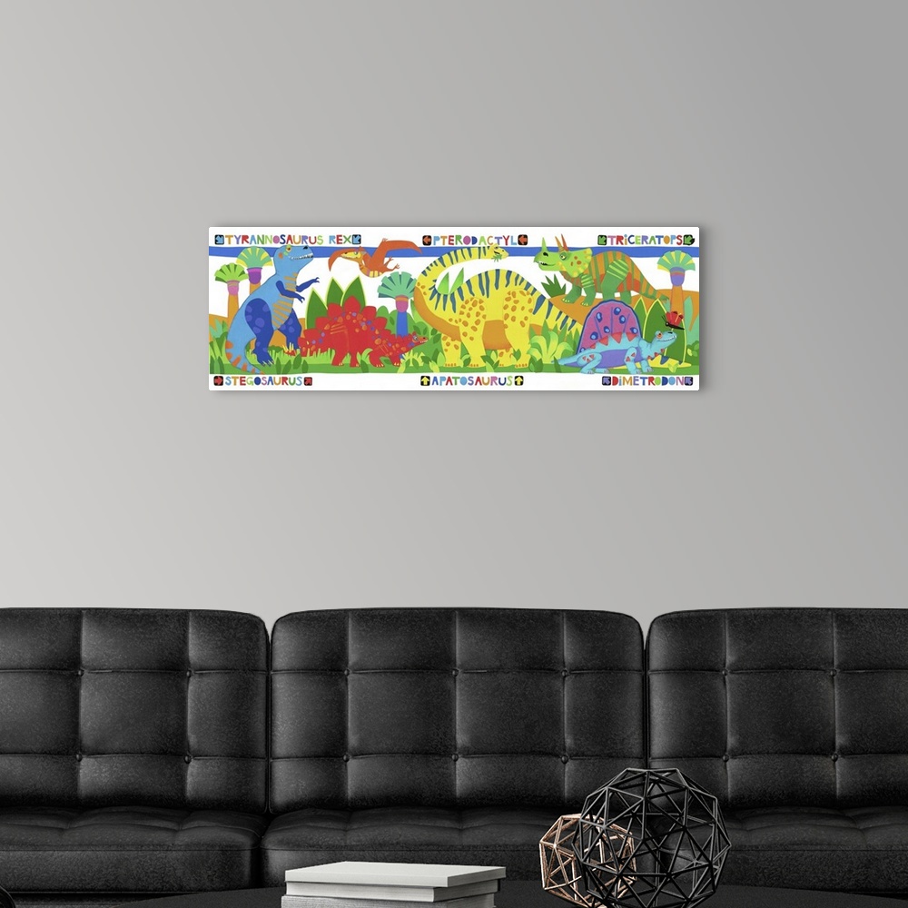 A modern room featuring Colorful illustration of several species of dinosaurs.