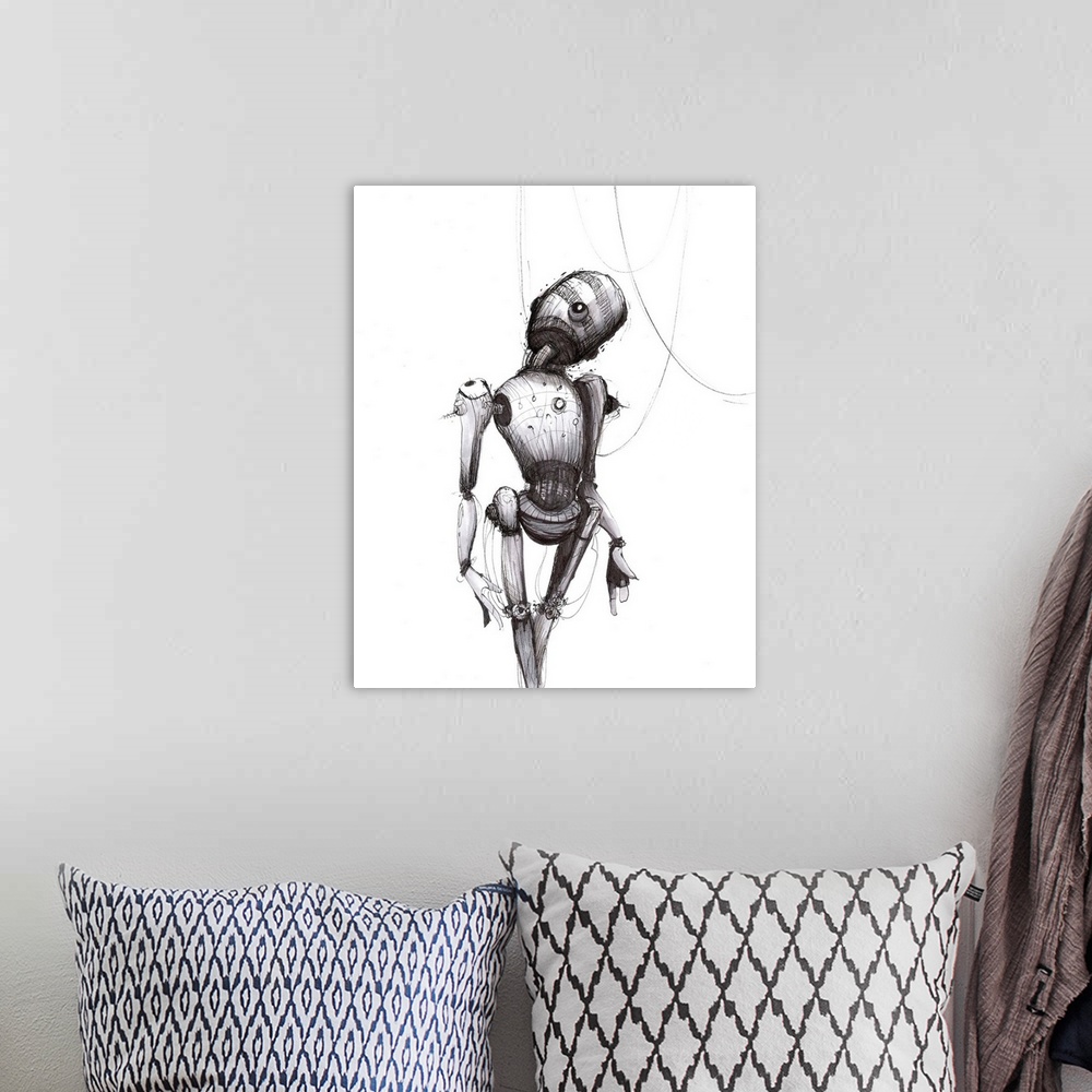 A bohemian room featuring Illustration of a gray robot looking pensive.
