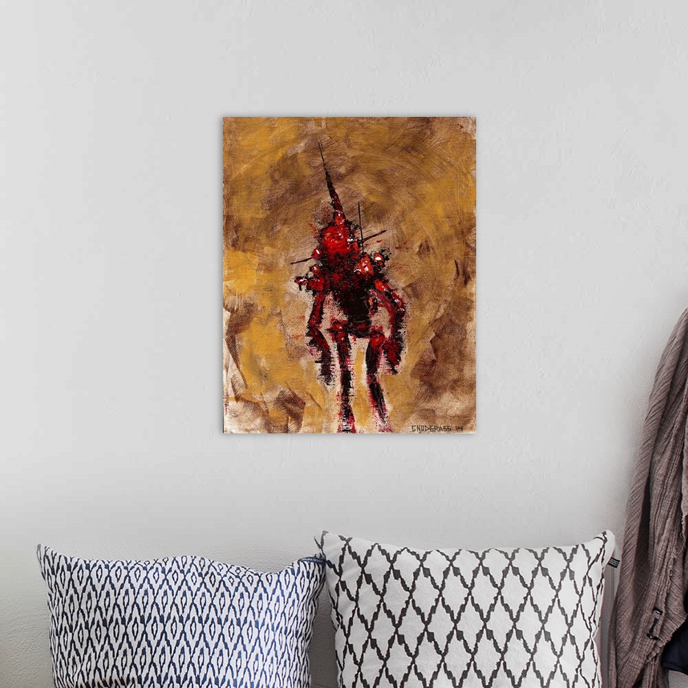 A bohemian room featuring Illustration of a worn down red robot on brown.
