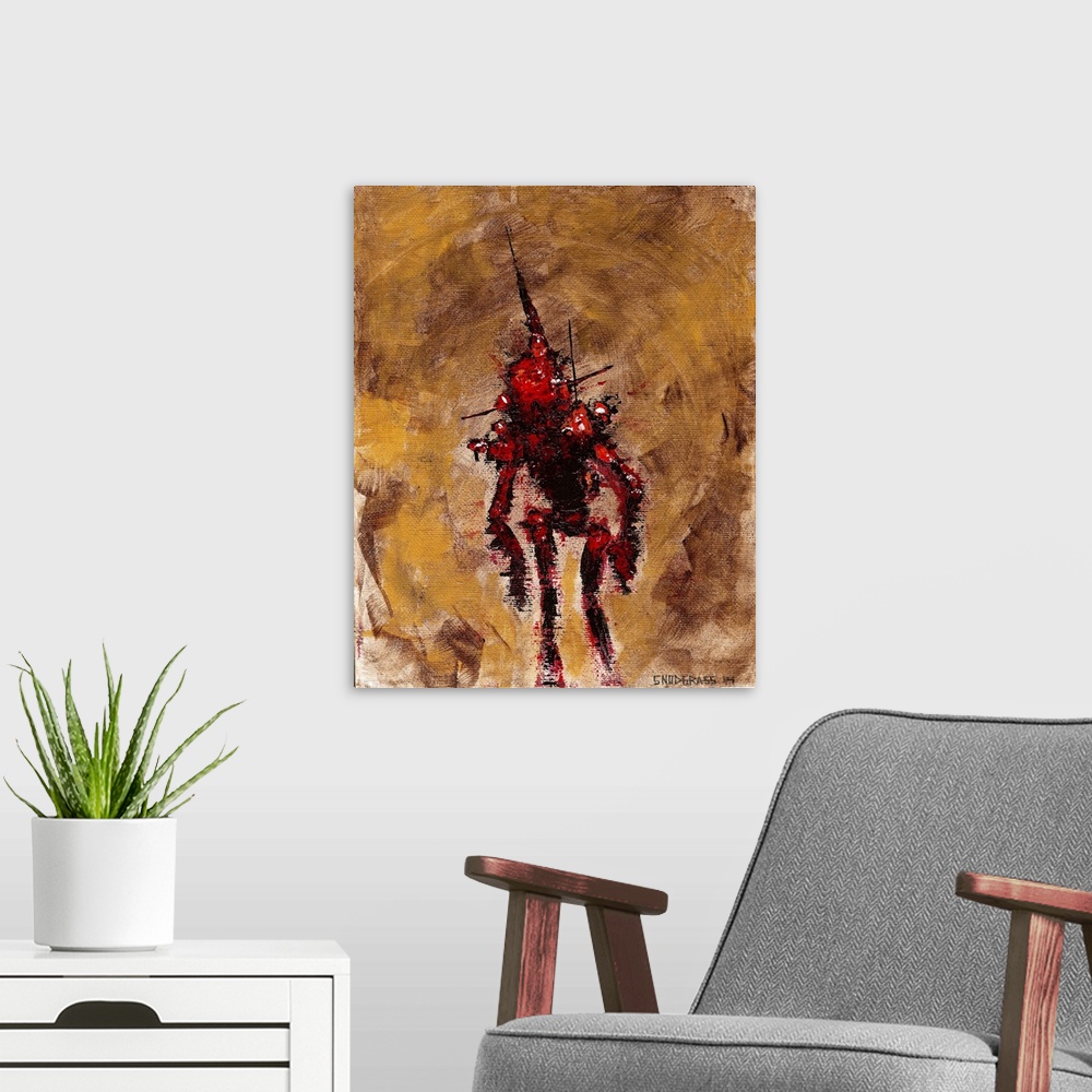 A modern room featuring Illustration of a worn down red robot on brown.