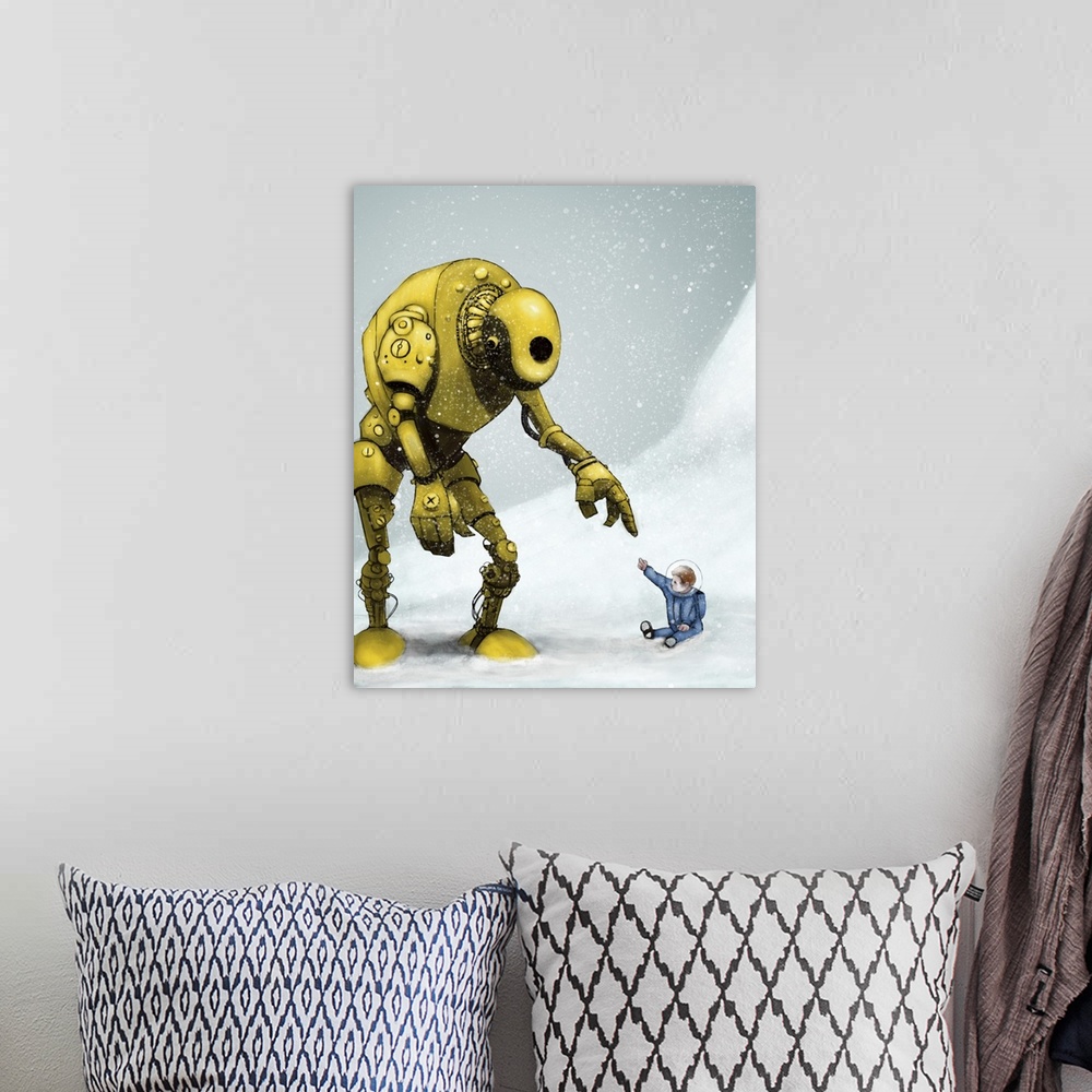 A bohemian room featuring Illustration of a large yellow robot reaching for an explorer in a blue suit.