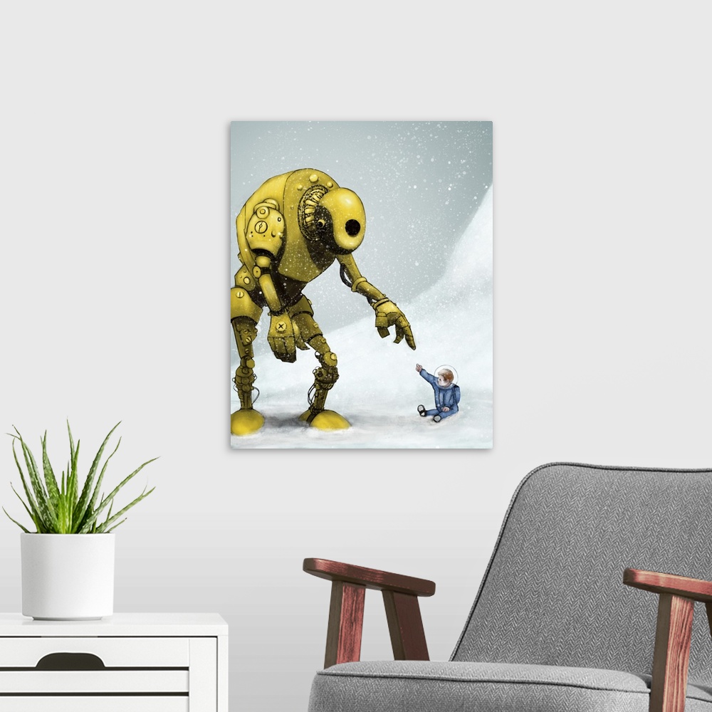 A modern room featuring Illustration of a large yellow robot reaching for an explorer in a blue suit.