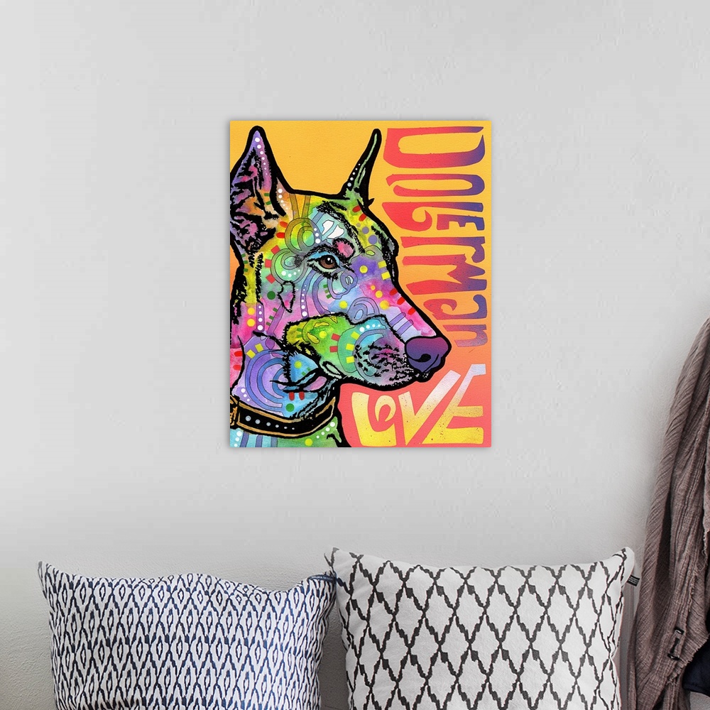 A bohemian room featuring Colorful painting of a Doberman with graffiti-like designs on a pink and orange background with "...