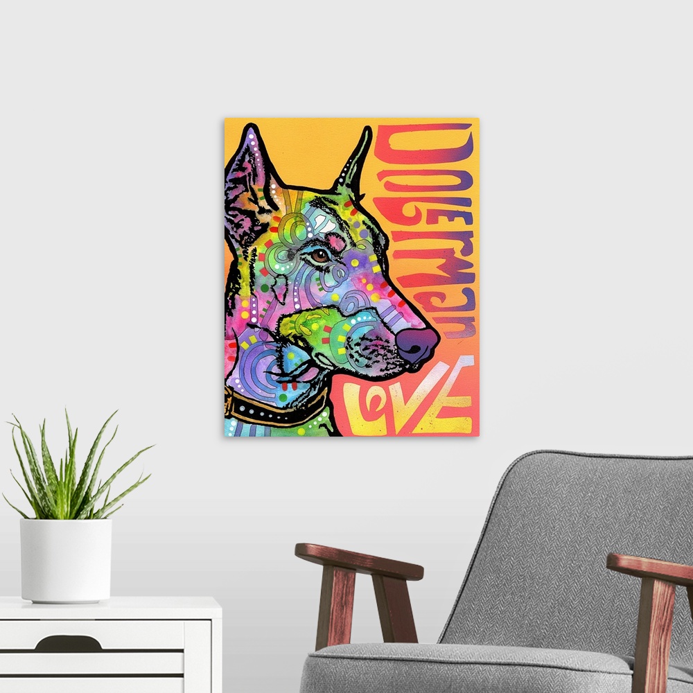 A modern room featuring Colorful painting of a Doberman with graffiti-like designs on a pink and orange background with "...