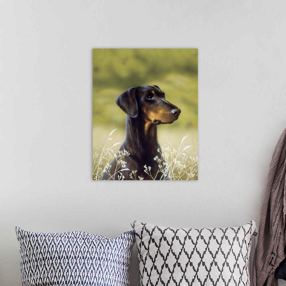 A bohemian room featuring Contemporary painting of a doberman pinscher.