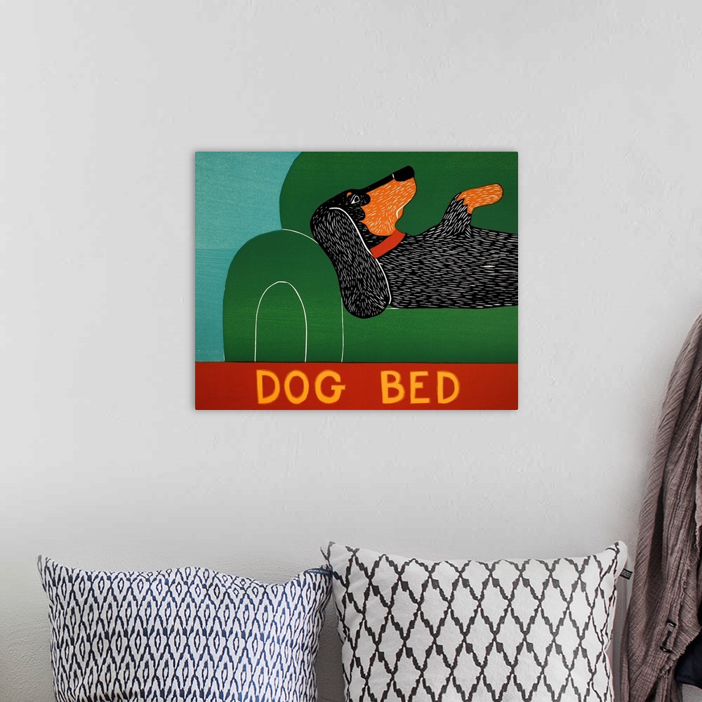 A bohemian room featuring Illustration of a Dachshund laying on a green couch with "Dog Bed" written at the bottom.
