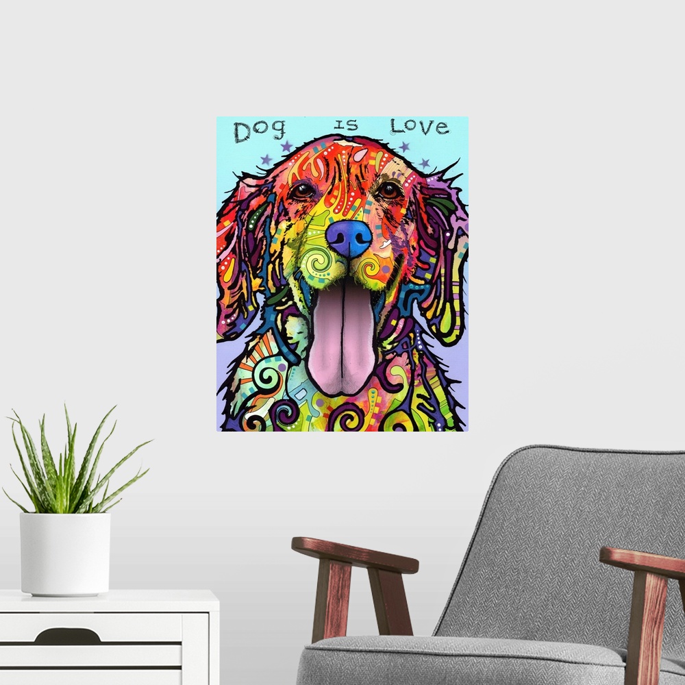 A modern room featuring "Dog is Love" handwritten above a colorful painting of a dog with its tongue out and abstract mar...