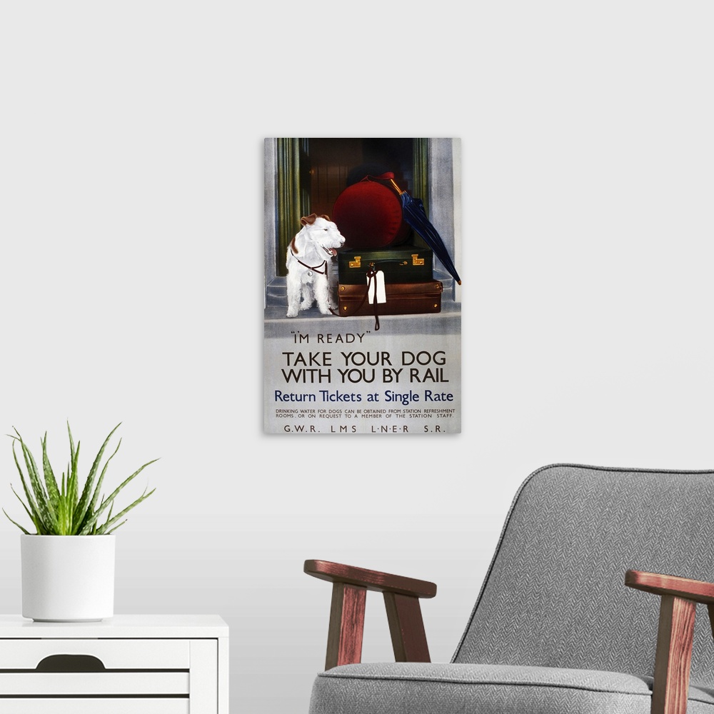 A modern room featuring Vintage poster advertisement for Dog Rail.