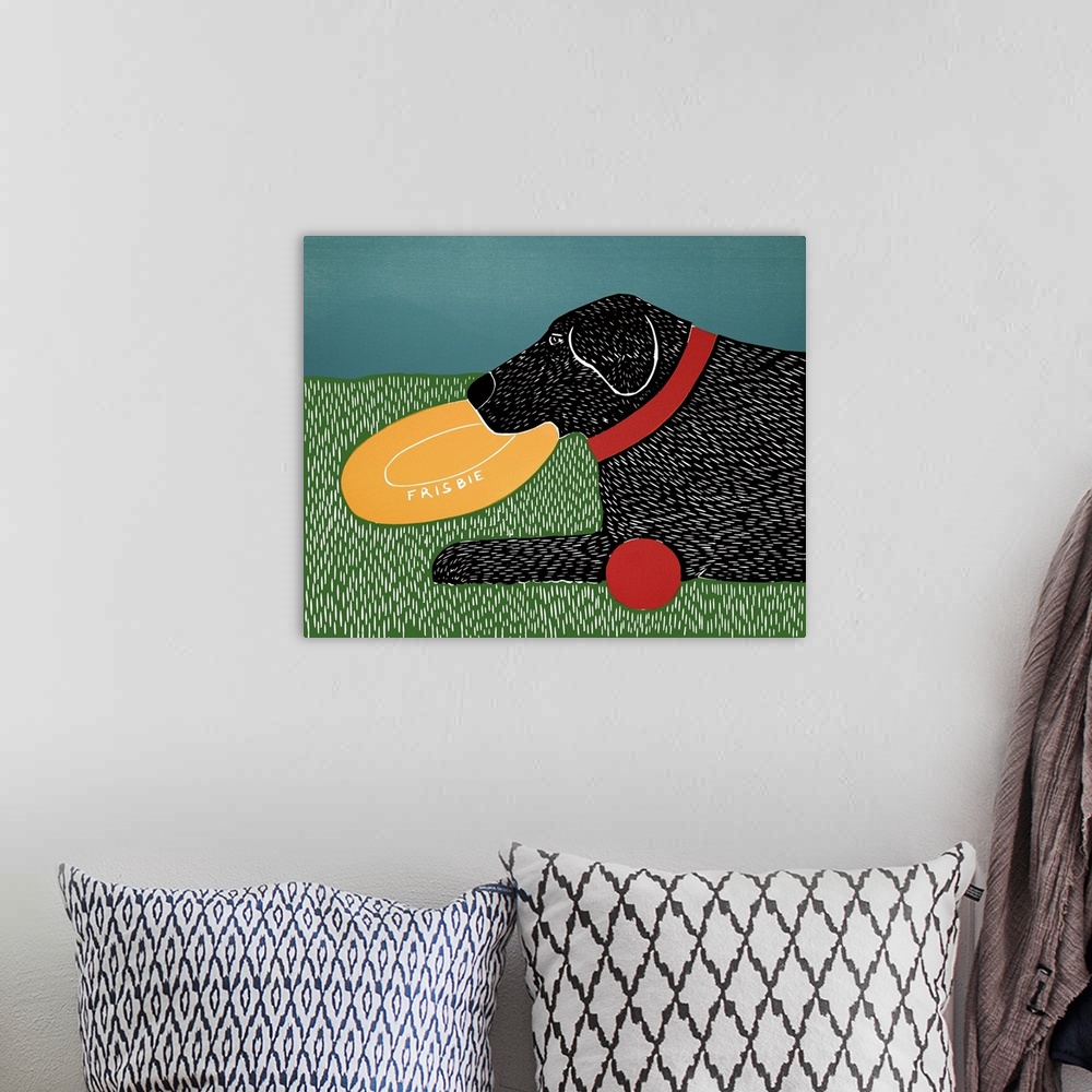 A bohemian room featuring Illustration of a black lab holding a yellow frisbee in its mouth while laying next to a red ball.