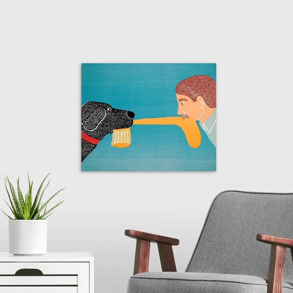 A modern room featuring Illustration of a black lab and a man playing tug-a-war with a yellow sock.