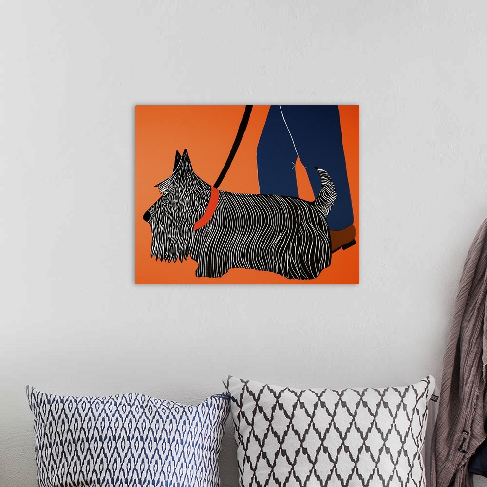 A bohemian room featuring Illustration of a Scottish terrier heeling next to its owner while on a walk.