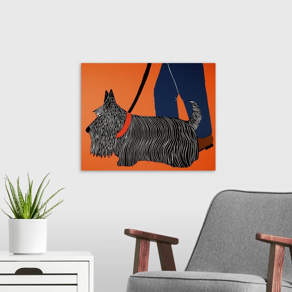 A modern room featuring Illustration of a Scottish terrier heeling next to its owner while on a walk.
