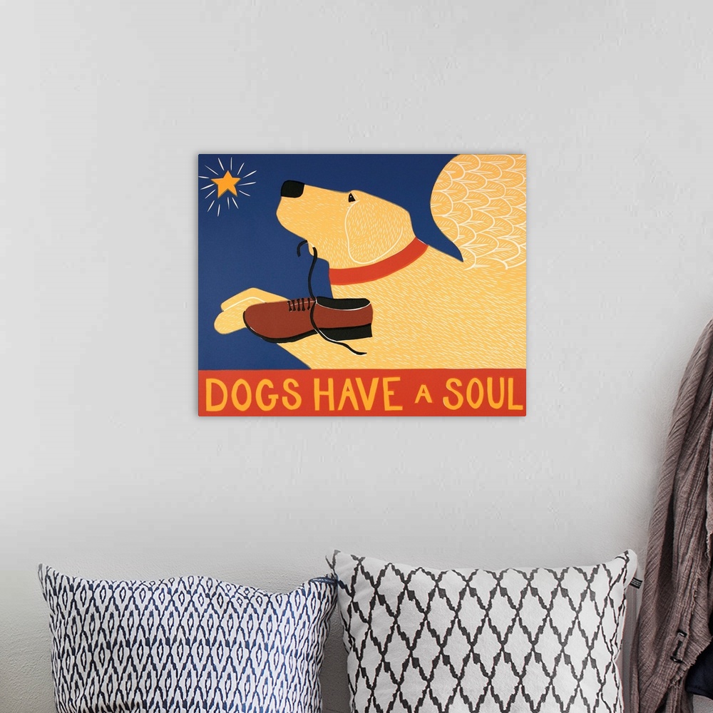 A bohemian room featuring Illustration of a yellow lab with angel wings flying towards a star and carrying a loafer in its ...