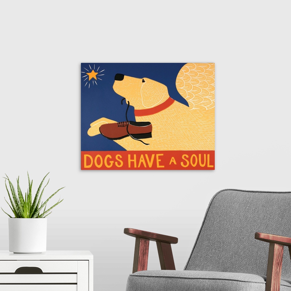 A modern room featuring Illustration of a yellow lab with angel wings flying towards a star and carrying a loafer in its ...