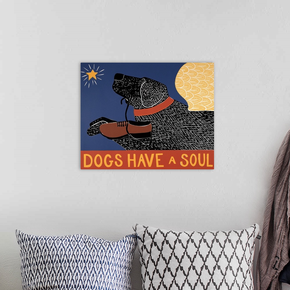 A bohemian room featuring Illustration of a black lab with angel wings flying towards a star and carrying a loafer in its m...
