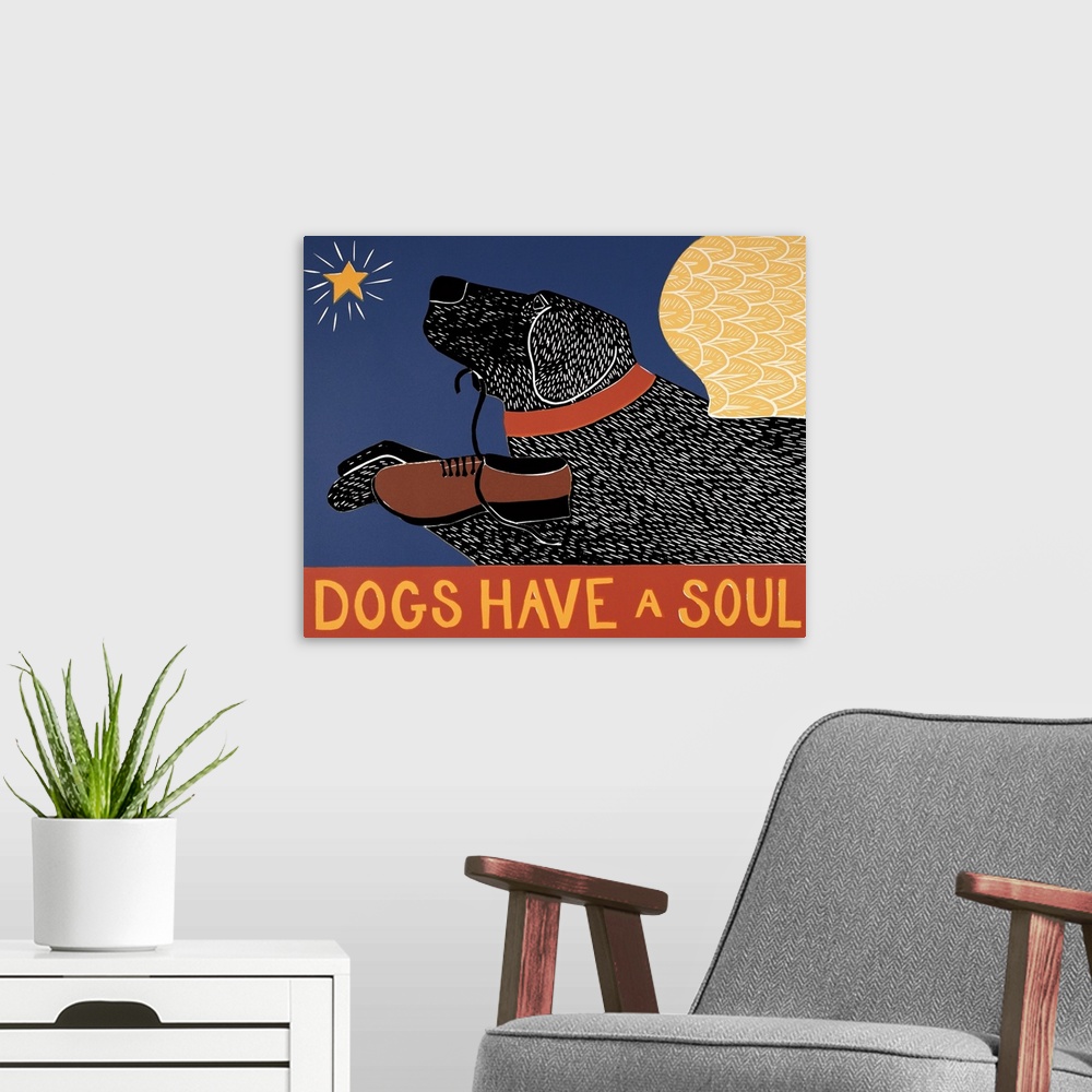 A modern room featuring Illustration of a black lab with angel wings flying towards a star and carrying a loafer in its m...