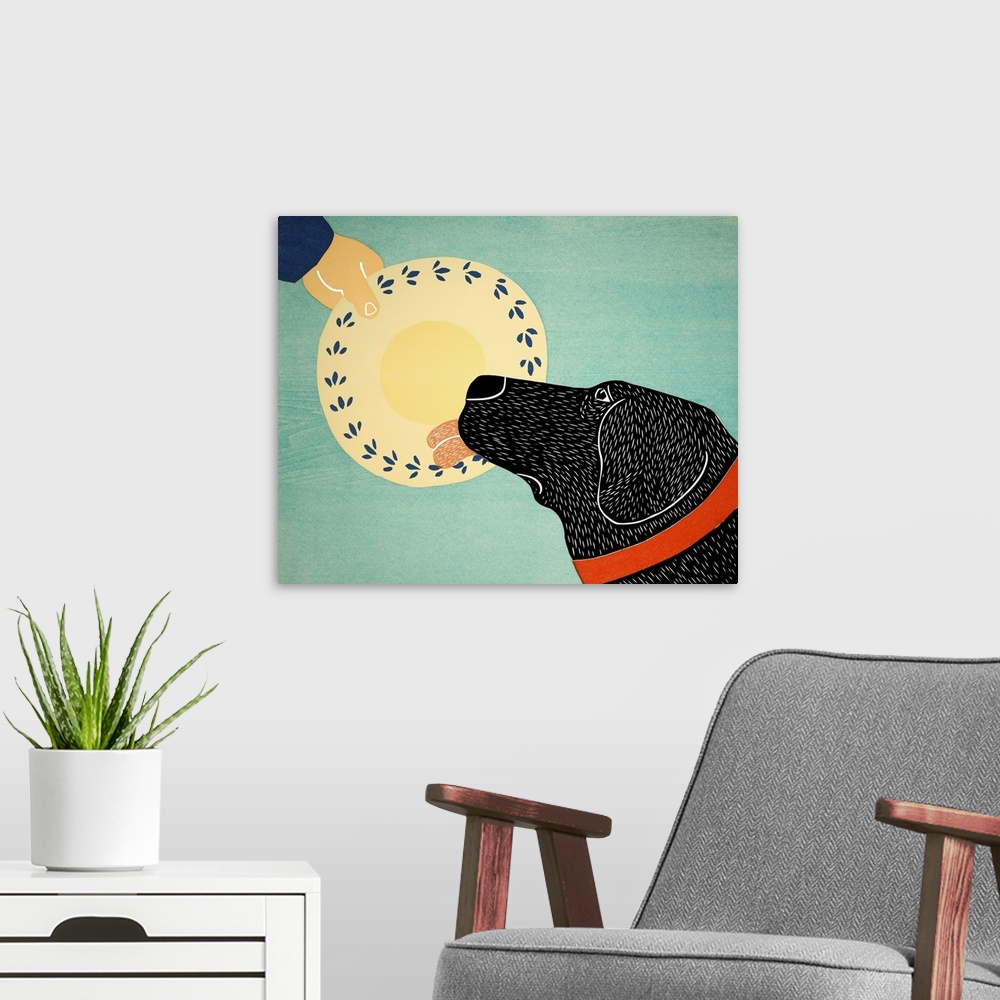 A modern room featuring Illustration of a black lab licking a dinner plate clean.