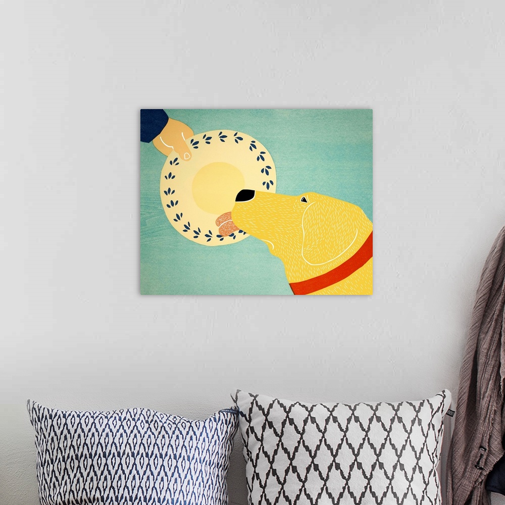 A bohemian room featuring Illustration of a yellow lab licking a dinner plate clean.