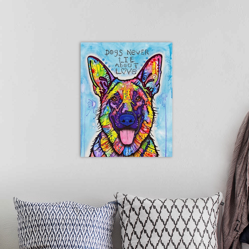 A bohemian room featuring "Dogs Never Lie About Love" handwritten above a colorful painting of a Belgian Sheepdog on a blue...
