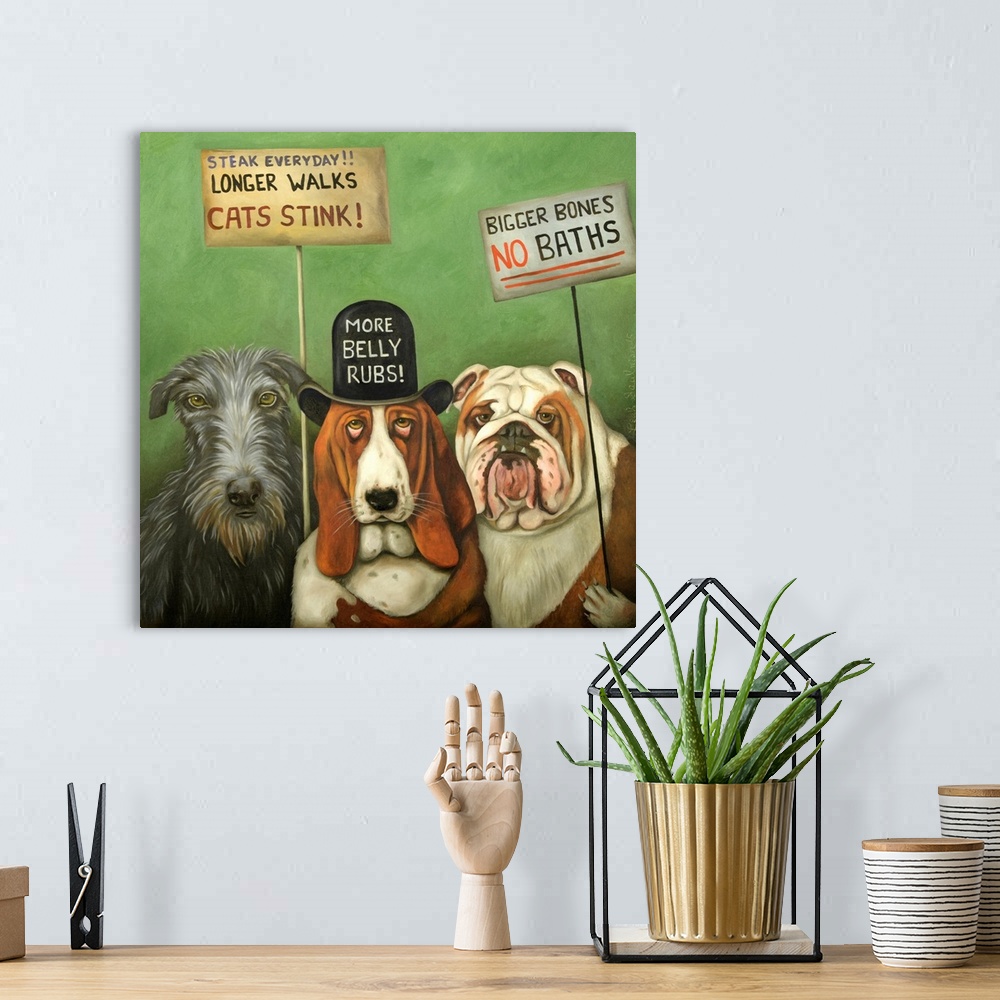 A bohemian room featuring Surrealist painting of a group of dogs protesting.