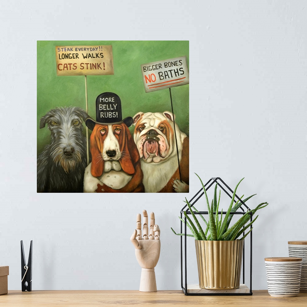 A bohemian room featuring Surrealist painting of a group of dogs protesting.
