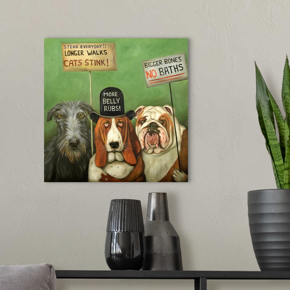 A modern room featuring Surrealist painting of a group of dogs protesting.