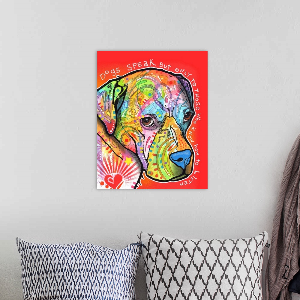 A bohemian room featuring "Dogs Speak, But Only to Those Who Know How to Listen" handwritten around a colorful painting of ...
