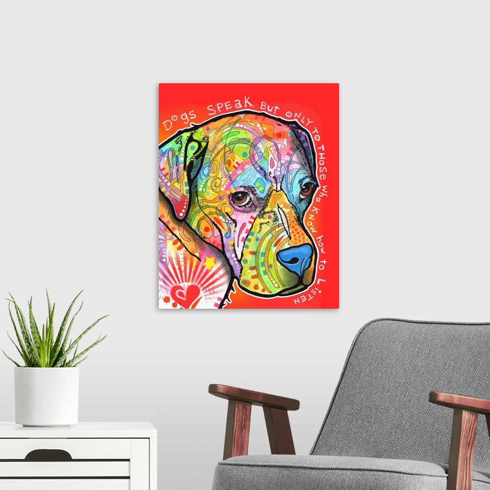 A modern room featuring "Dogs Speak, But Only to Those Who Know How to Listen" handwritten around a colorful painting of ...