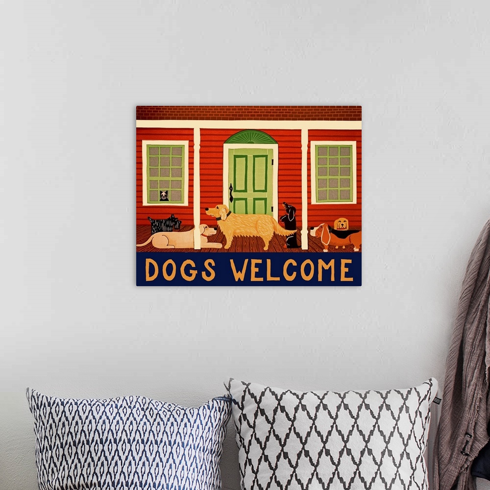 A bohemian room featuring Illustration of various breeds of dogs hanging out on the front porch of a red house with a cat i...
