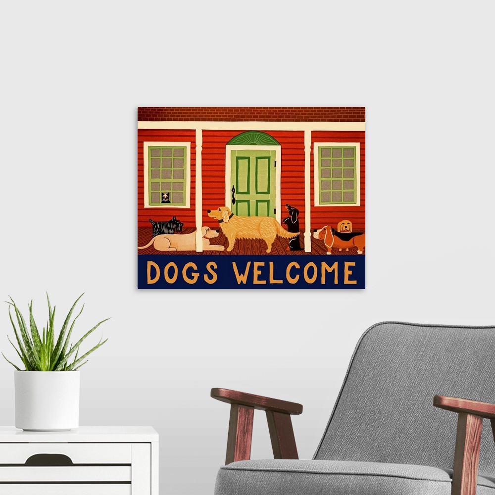 A modern room featuring Illustration of various breeds of dogs hanging out on the front porch of a red house with a cat i...