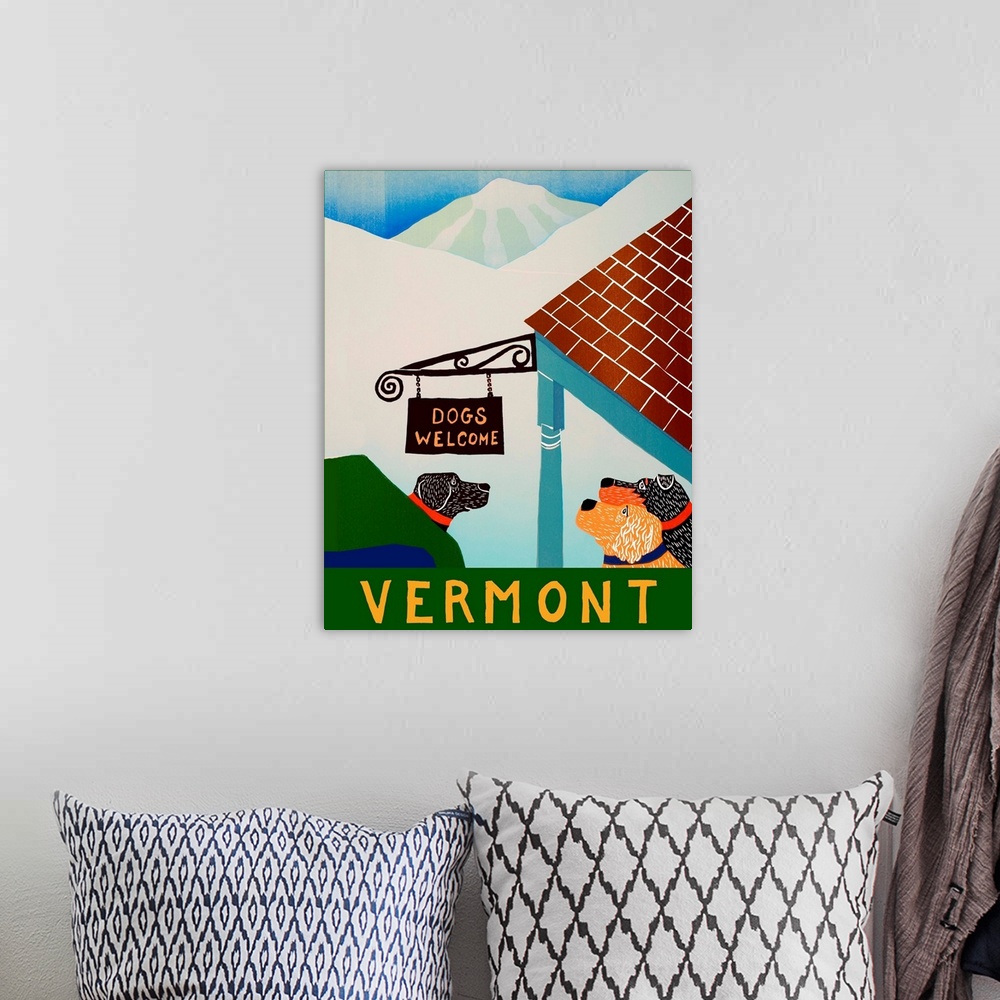 A bohemian room featuring Illustration of dogs outside of a building in Vermont on a snowy day looking up at a sign that re...