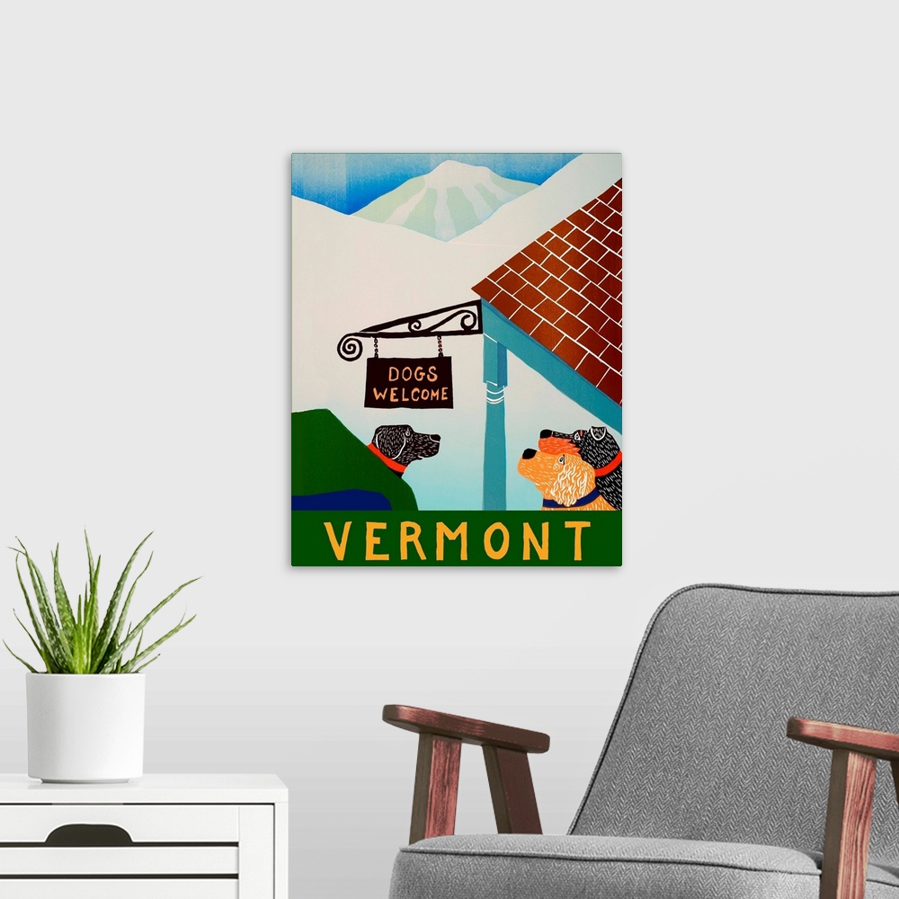 A modern room featuring Illustration of dogs outside of a building in Vermont on a snowy day looking up at a sign that re...