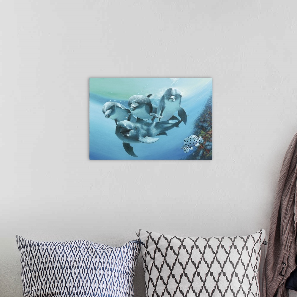 A bohemian room featuring Contemporary painting of a group of dolphins swimming.