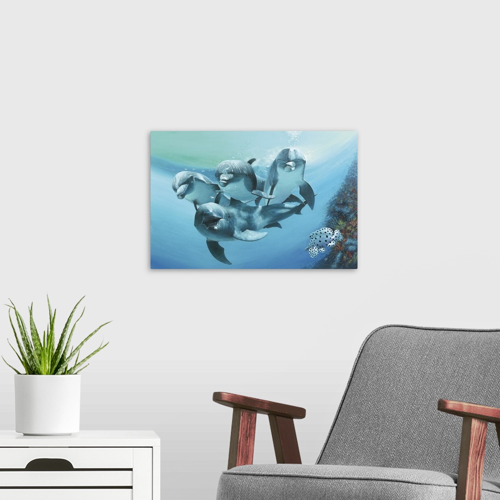 A modern room featuring Contemporary painting of a group of dolphins swimming.