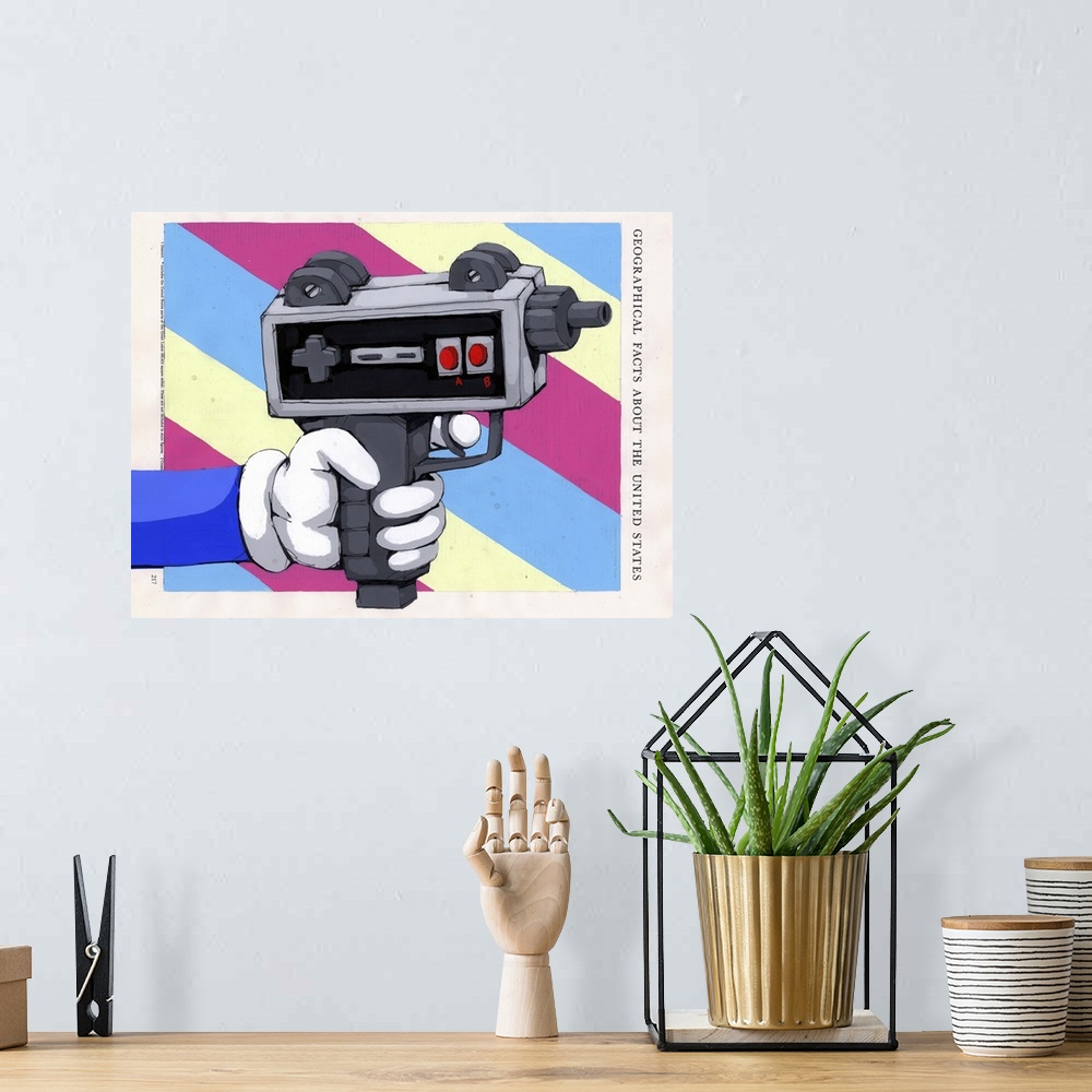 A bohemian room featuring Pop art painting of a cartoon hand holding a gun which appears to be made of a video game control...