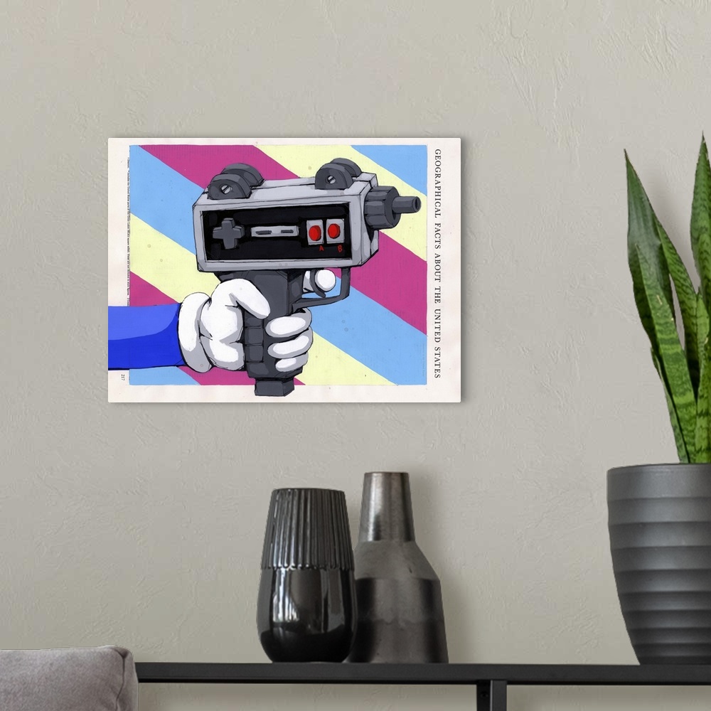 A modern room featuring Pop art painting of a cartoon hand holding a gun which appears to be made of a video game control...