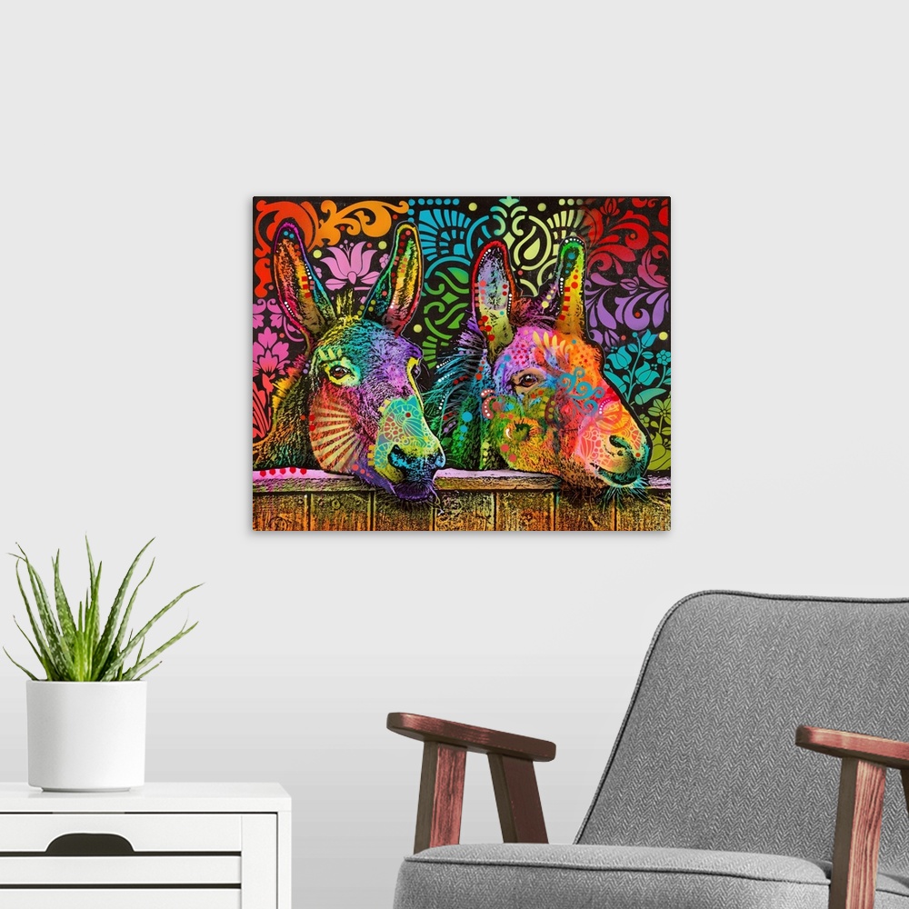 A modern room featuring Vibrant painting of two donkeys with their heads over a fence and abstract designs all over them ...