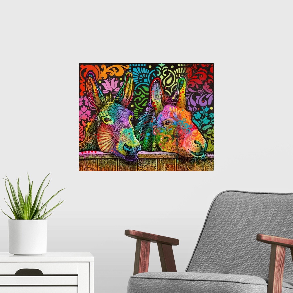 A modern room featuring Vibrant painting of two donkeys with their heads over a fence and abstract designs all over them ...