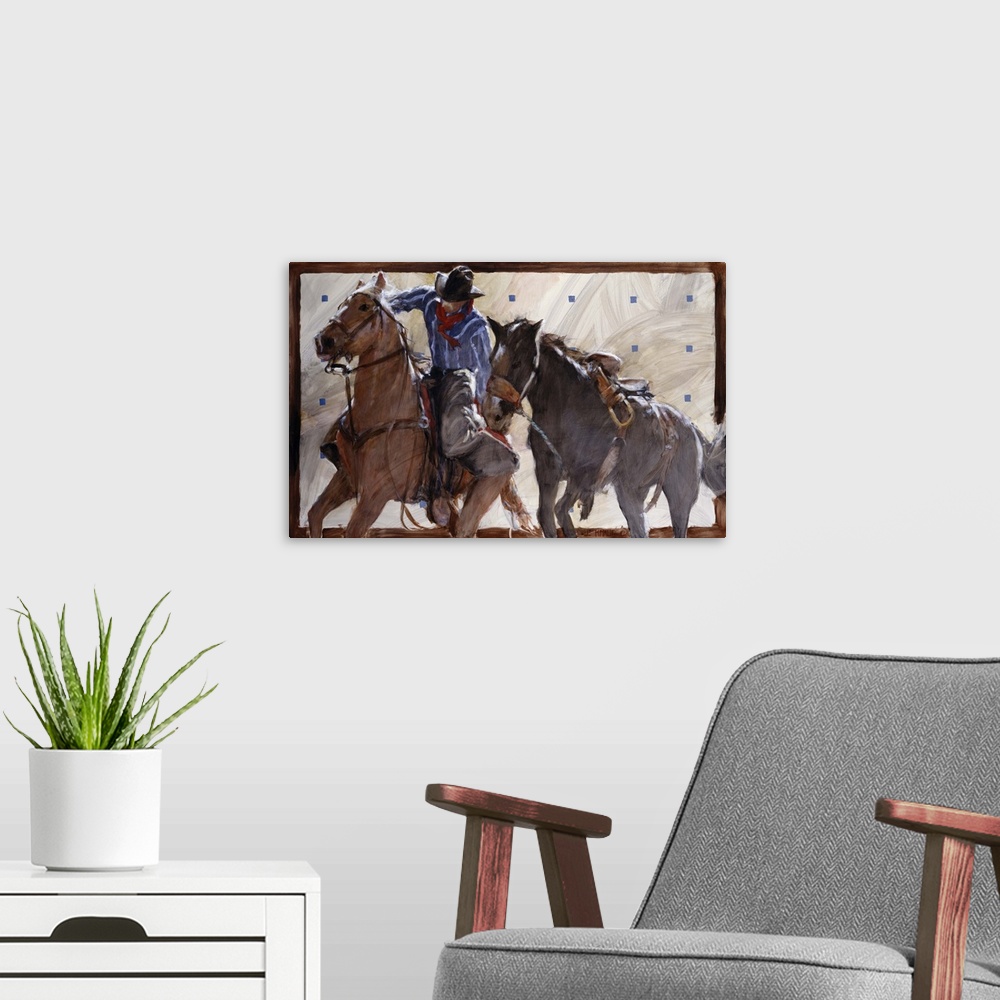 A modern room featuring Contemporary western theme painting of a cowboy on horseback, lassoing another horse.