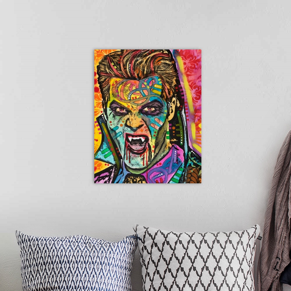 A bohemian room featuring Pop art style painting of Dracula in different colors and abstract designs.